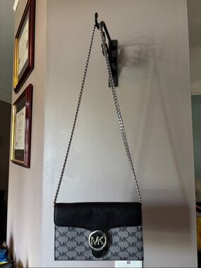 Michael Kors Black and Gray MK Logo Chain Crossbody Bag